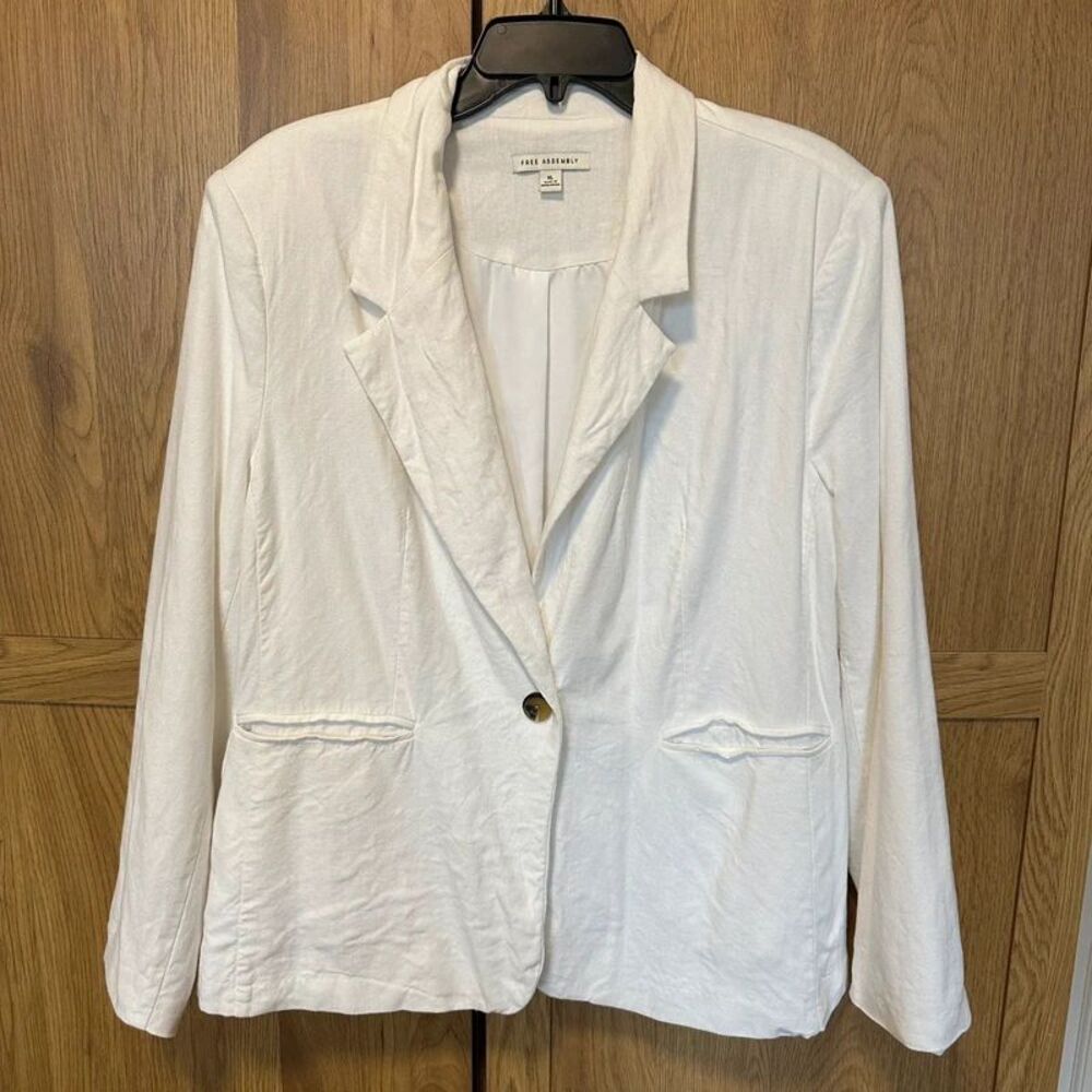 Free Assembly Women's Lined White Blazer – One Button Rayon Linen Blend Size XL